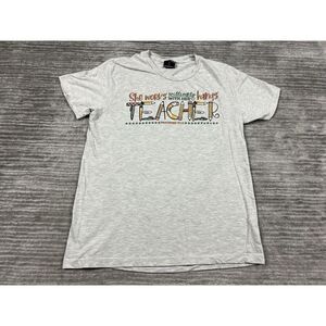 Love in Faith Womens‎ Shirt Large Beige Teacher Graphic Christian Short Sleeve